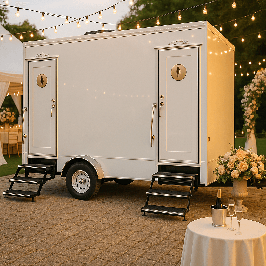 Luxury restroom trailer exterior with white finish