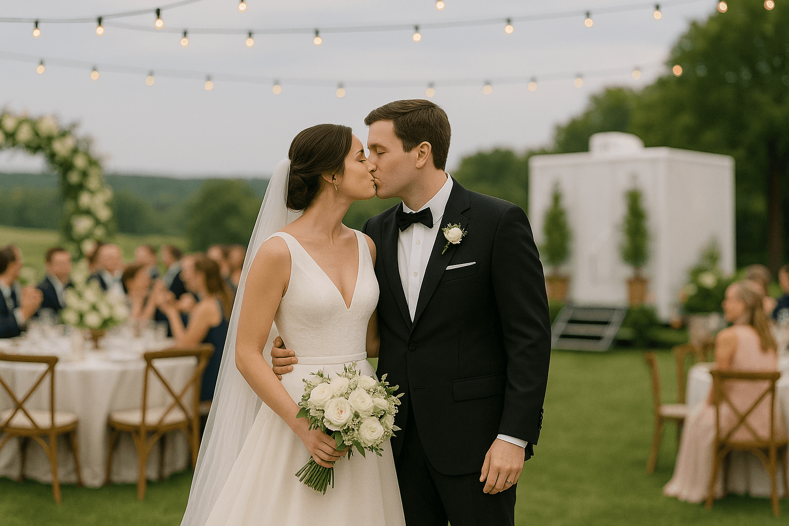 Wedding outdoor setup with luxury restroom trailer